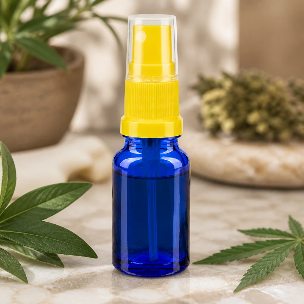 10 ml sprayflaske gul/tr. STD BlueLine UT18/10 Blå glasflaske 10 ml af høj kvalitet med gult sprayhoved til kosmetik og naturprodukter BlueLine UT18 10
