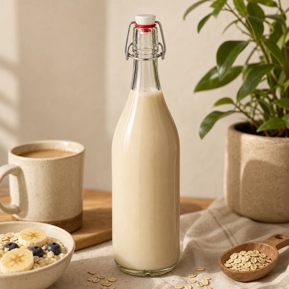 1000 ml glasflaske og hængelåg i PVC UNiTWIST 1000 ml glasflaske med svingtop fyldt med havremælk på træbord ved siden af kaffekop og havreflager