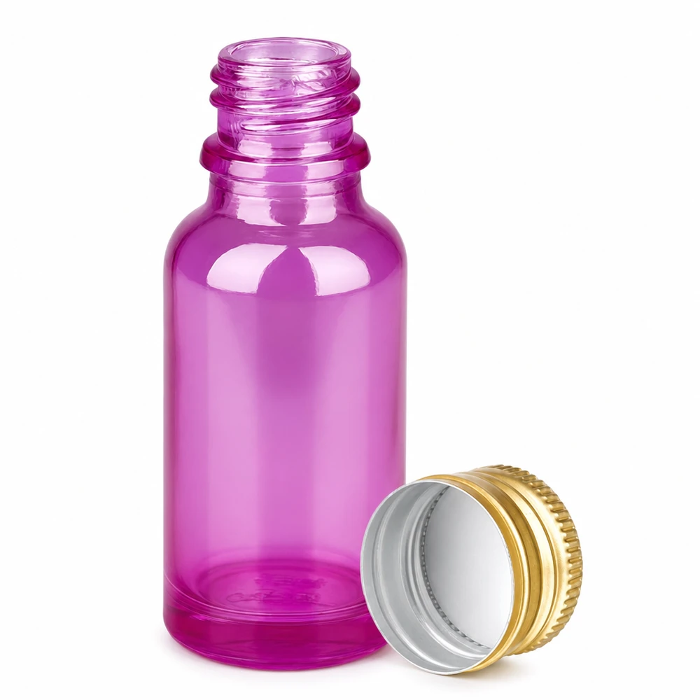 20 ml flaske 11 mm skruelåg aluminium guld standard PurpleLine. UT18/20 Lilla 20 ml glasflaske med skruelåg af aluminium i guld til æteriske olier