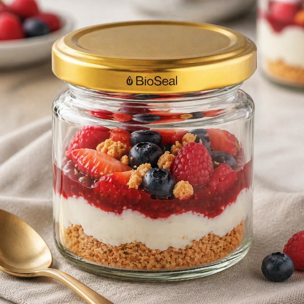 UNiTWIST Runda53 med gyldent låg TO43 BioSeal UNiTWIST Runda53 med gyldent TO43 BioSeal-låg som dessertglas til lagdelt dessert med bæryoghurt og kiksebund