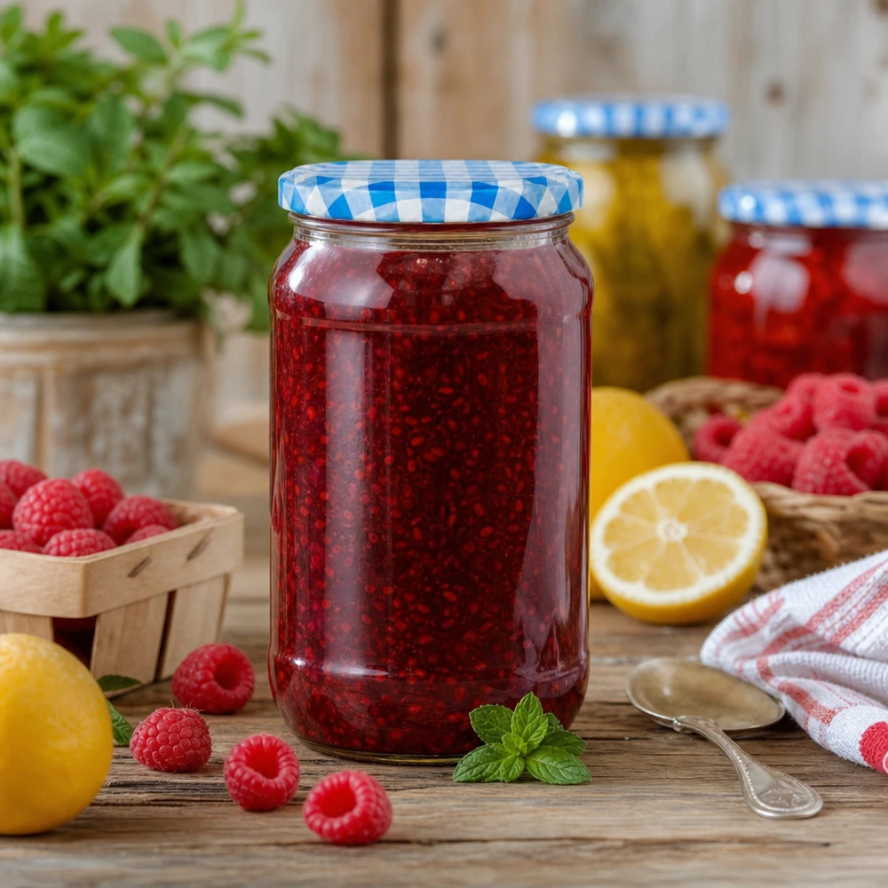 1062 ml rund krukke + BasicSeal-låg blå/hvid UNiTWIST 1062 ml rundt glas fyldt med hindbærmarmelade, BasicSeal-låg i blå og hvid, perfekt til hjemmelavet marmelade og frugtgelé.