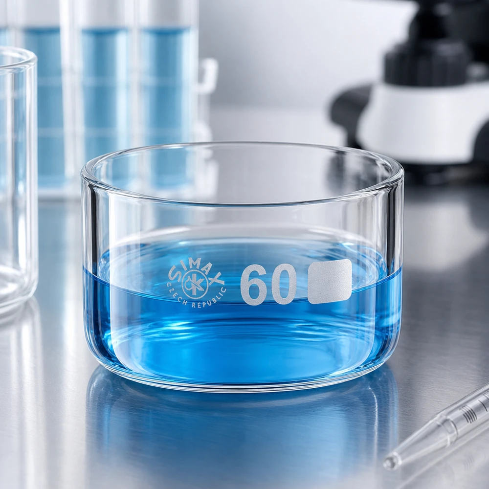 Krystalliseringsskål 60 ml uden tud Borosilikat Krystalliseringsskål på 60 ml af borosilikatglas med blå opløsning på en overflade af rustfrit stål i laboratoriet