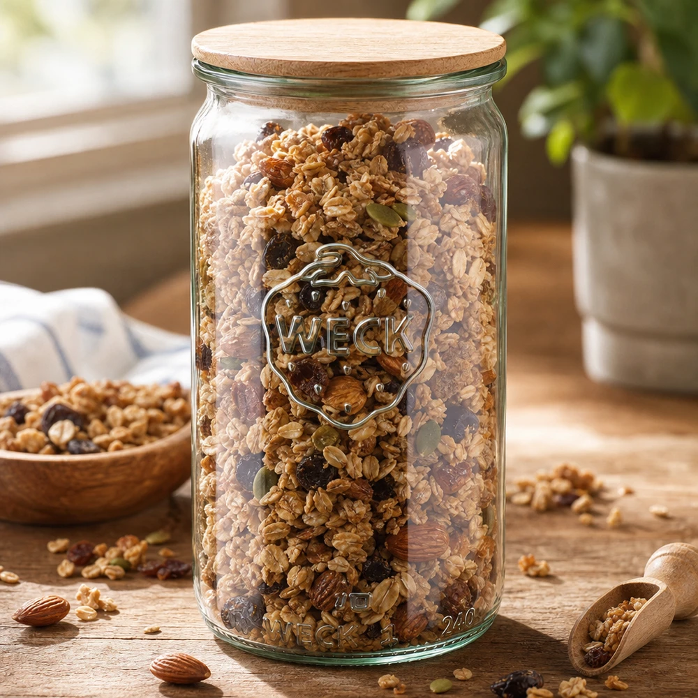 340 ml cylinderglas WECK RR60 med trælåg WECK cylinderglas 340 ml RR60 fyldt med müsli og nødder som opbevaringsglas med trælåg på køkkenbordet