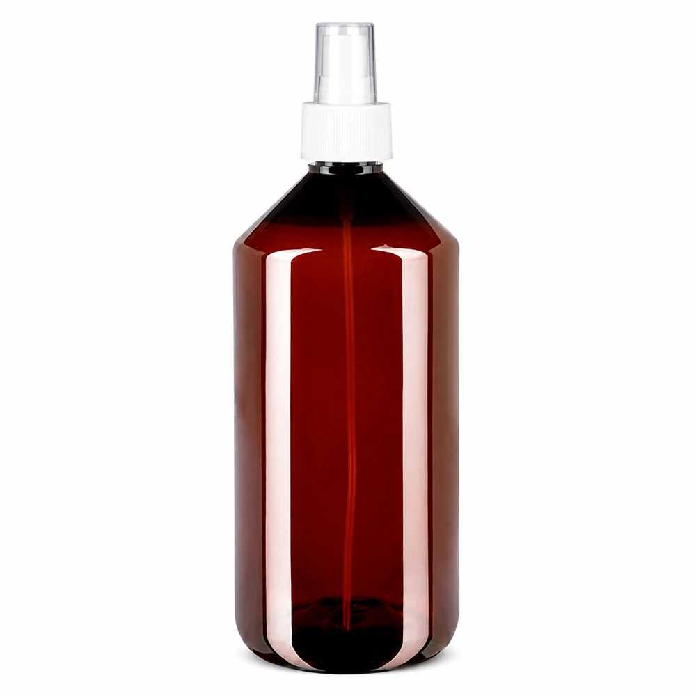 PET-flaske 1000 ml med forstøver hvid PET-flaske, 1000 ml, brun med hvid sprøjtehoved til kosmetik og rengøringsmidler