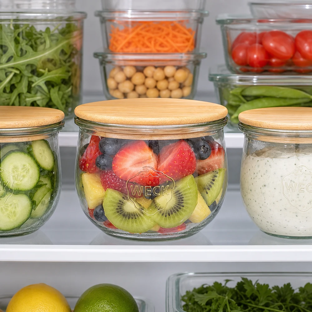 580 ml tulipankrukke WECK RR100 med trælåg WECK Tulpenglas 580ml RR100 mit Holzdeckel im Kühlschrank - perfekt für frische Früchte und gesunde Meal-Prep