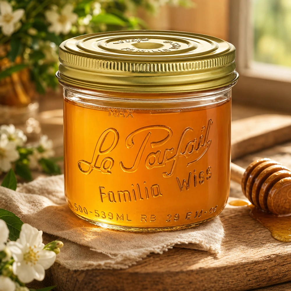 Le Parfait® Familia Wiss 500 g Ø100 mm glas 539 ml Familia Wiss-glas med gyldent låg fyldt med honning på et træbord med honningske og blomster