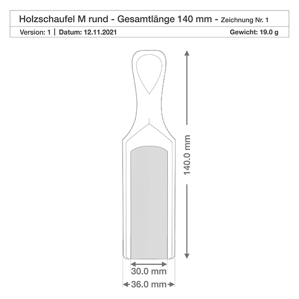 Træspade størrelse M, halvcirkelformet, 14 cm lang Teknisk tegning af træskovlen M med målene 140 mm længde og 36 mm bredde inklusive vægtspecifikation
