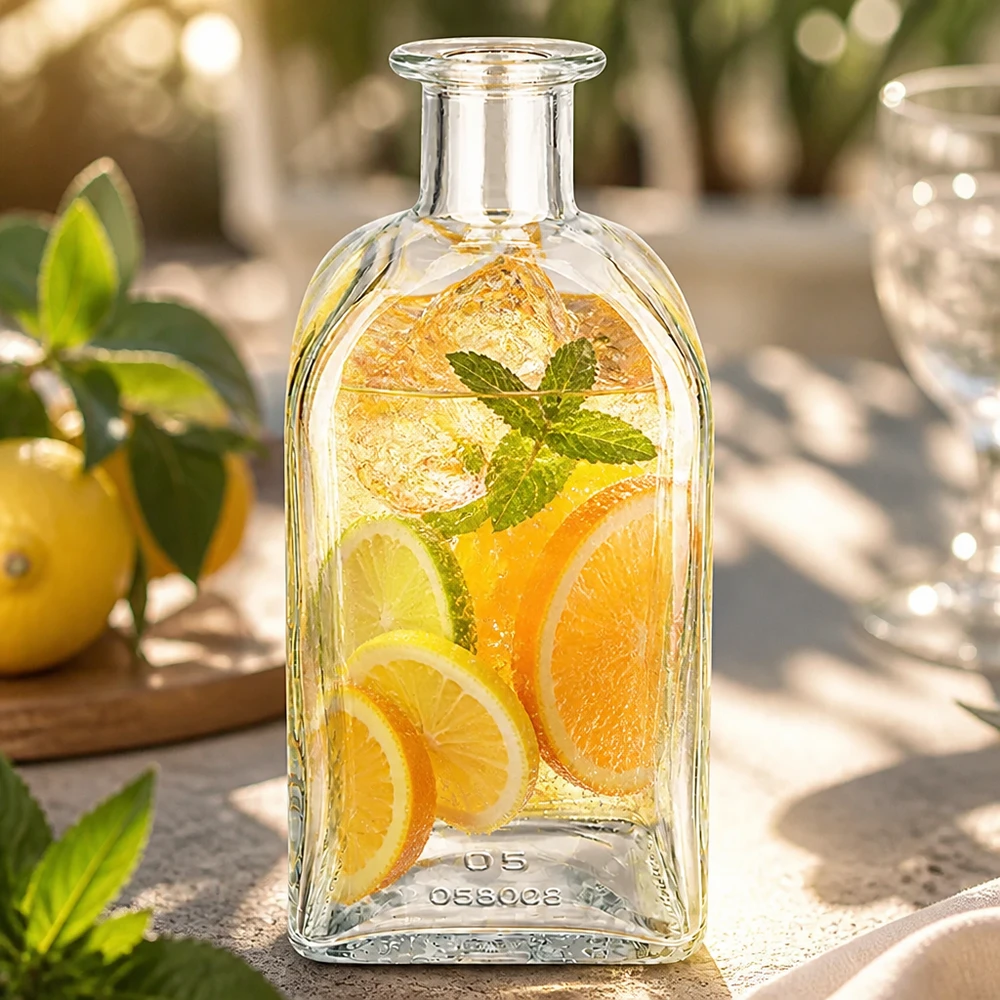 500 ml apoteksflaske Julia uden lukning UNiTWIST® 500 ml Julia glasflaske fyldt med citrusfrugtinfusion og mynte i en solrig have som en forfriskende drink