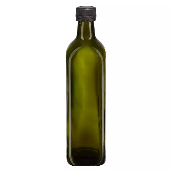 750 ml flaske med skruelåg, firkantet olivengrøn med sort låg