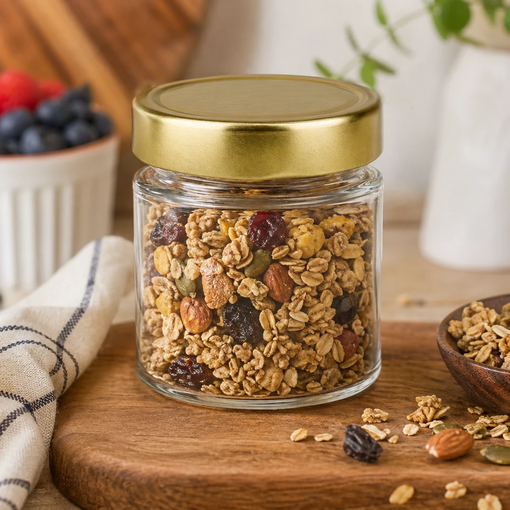 154 ml rund krukke med BasicSeal-låg guld dyb UNiTWIST 154 ml rund krukke BasicSeal guld fyldt med nøddemix valnødder mandler sultanas müsli granola træbord køkken