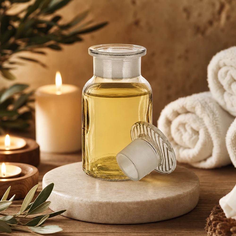 Rund skulderflaske 100 ml klar glasprop med bred hals Rundskulderflaske, 100 ml, klar, med bredhalset glasprop til æteriske olier og massageolier