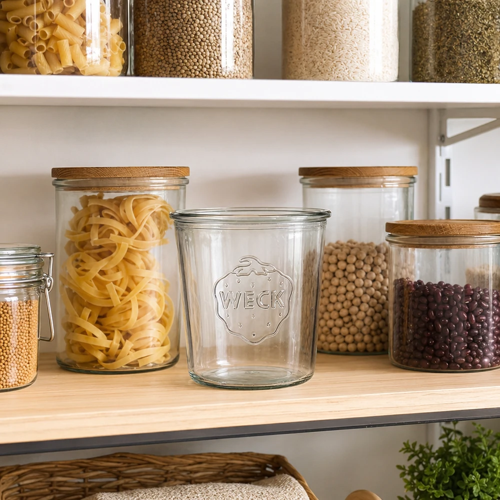 580 ml Briller WECK RR100 WECK 580ml RR100 opbevaringsglas i køkkenet med opbevaringsglas til pasta, bælgfrugter og korn på træhylde