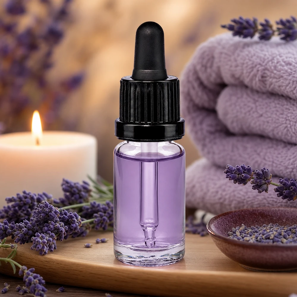 10 ml pipetteflaske sort OV ClearLine UT18/10 10 ml pipetteflaske med lilla lavendelolie, sort OV-dråbetæller og et lys i spa-miljø