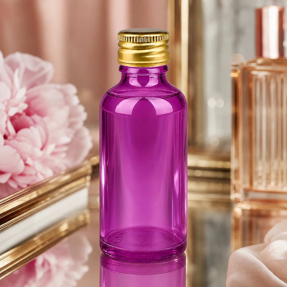 50 ml flaske 11 mm skruelåg aluminium guld standard PurpleLine. UT18/50 Elegant 50 ml-flaske med UT18/50-gevind og guldaluminiumshætte til luksuriøs produktpræsentation