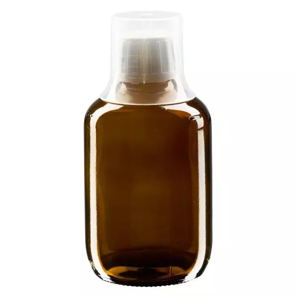 200 ml medicinflaske brun, hætte OV med doseringsbæger 30 ml ApoGlas. Farmaceutisk kvalitet fra EU-produktion. 28 mm (PP28) gevind. (sirup, let glasflaske)