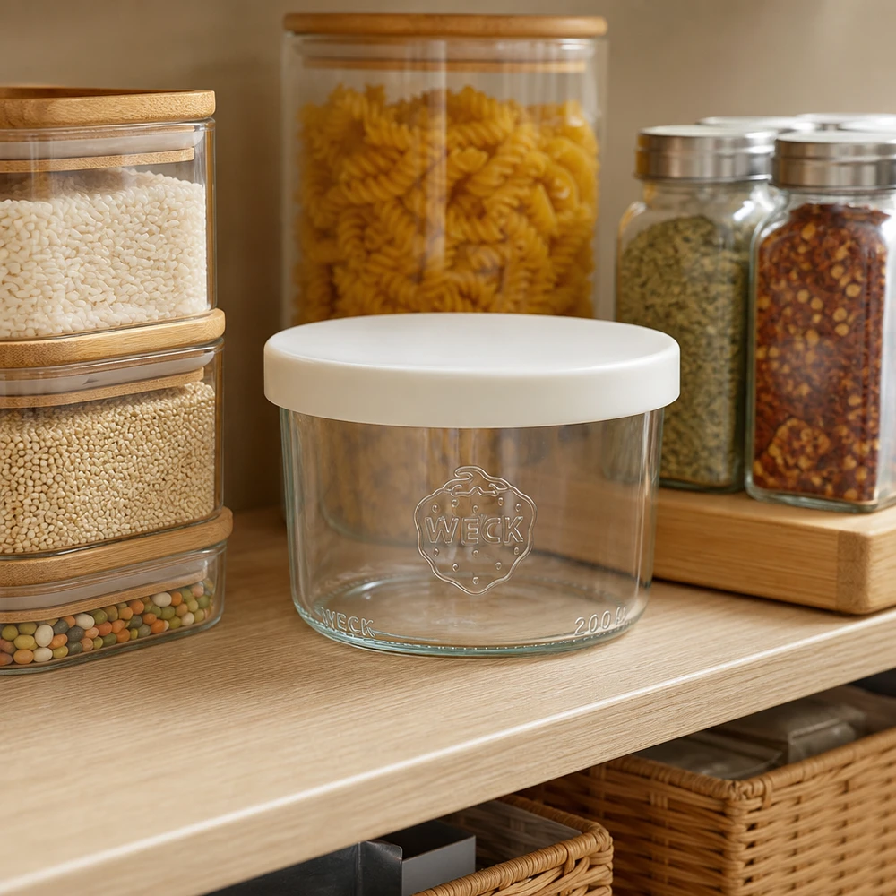 WECK 200 ml RR80 tomt opbevaringsglas med hvidt silikonelåg i et moderne køkken mellem opbevaringsglas med pasta
