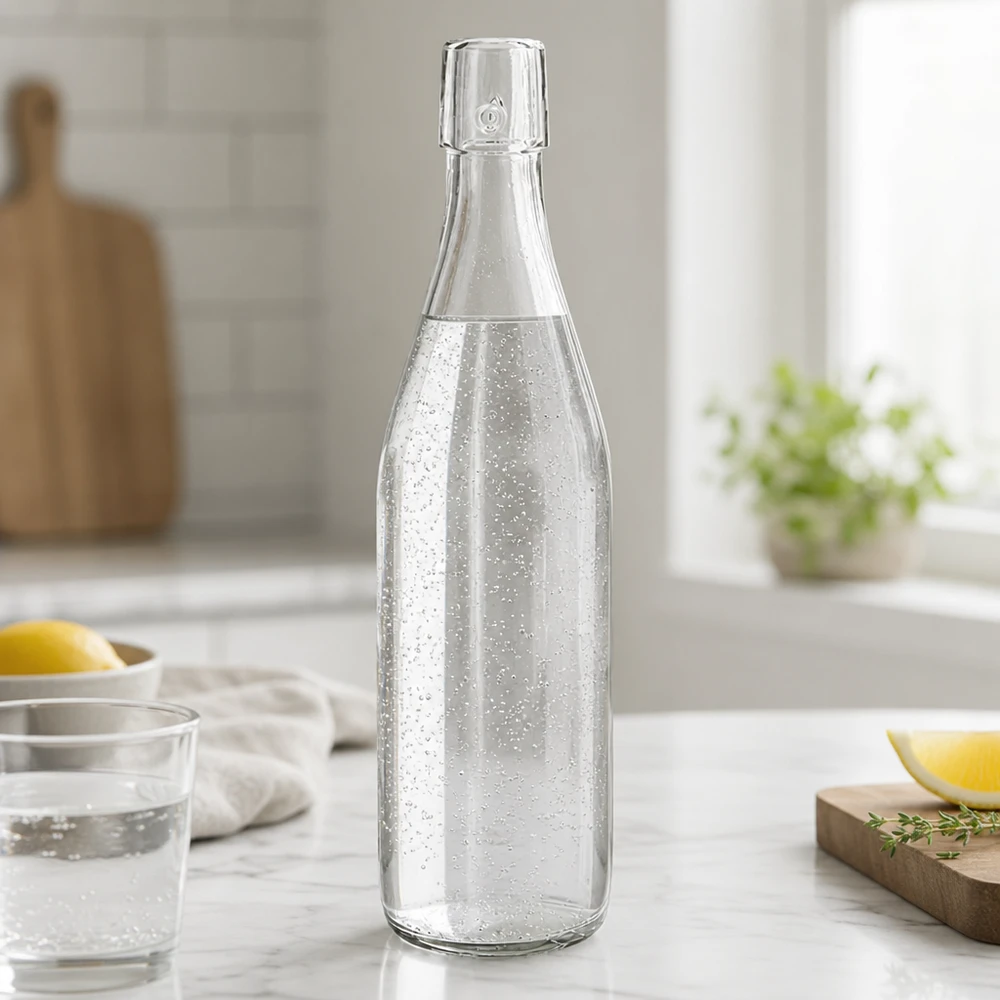 500 ml glasflaske uden skruelåg UNiTWIST 500 ml UNiTWIST-glasflaske fyldt med danskvand på marmorbord i moderne hvidt køkken med citron