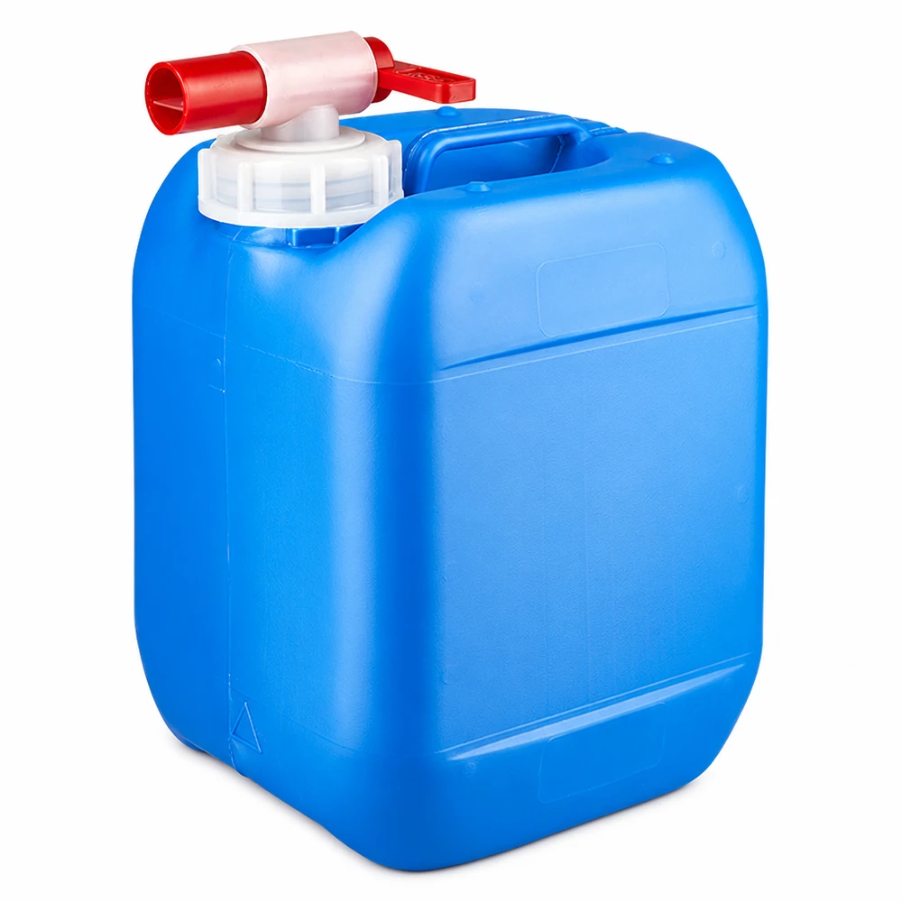 5 liters blå dunk med taphane Blå 5-liters plastdunk med rødt udløbshan og hvidt skruelåg