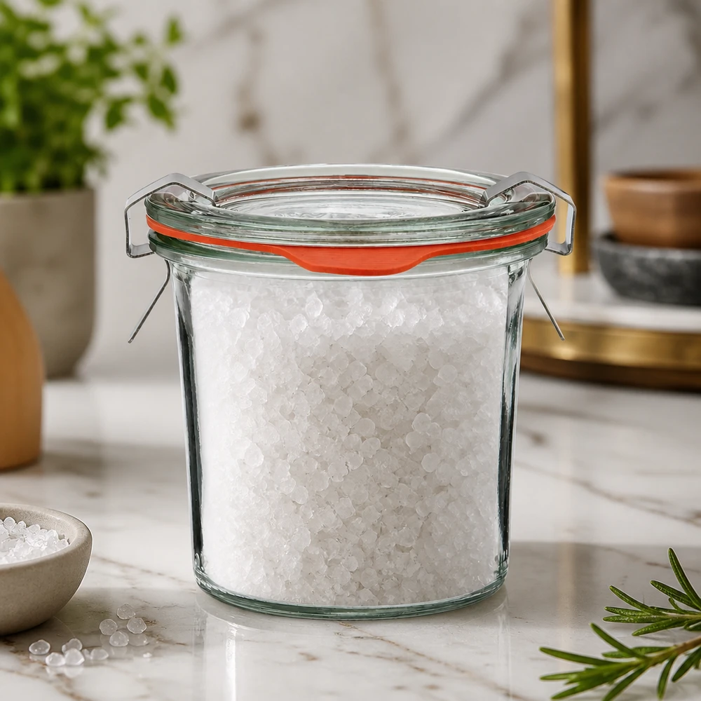 Idé til krydderikrukke: Briller mini mason jar 140 ml WECK-glas 140 ml fyldt med groft havsalt og med en orange tætningsring på en marmorplade