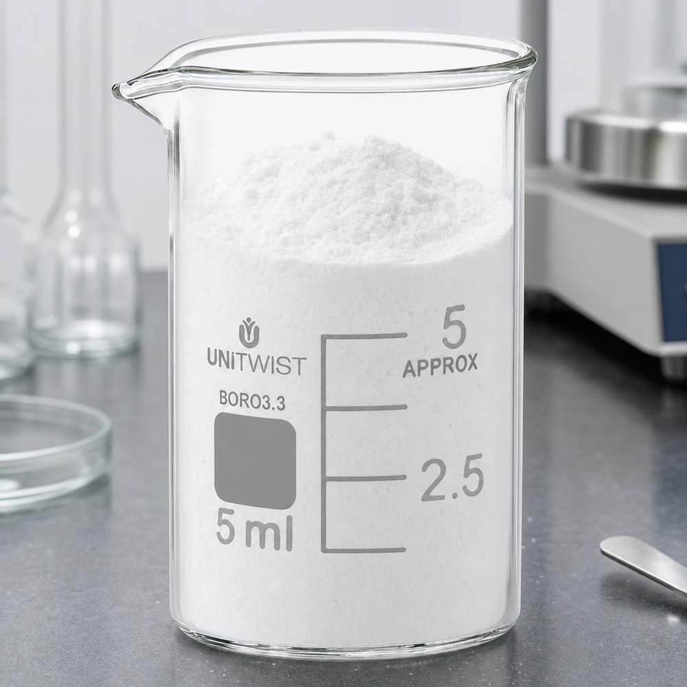 Bæger 5 ml borosilikat, lav form UNiTWIST Hvidt pulver i et UNiTWIST-bægerglas på 5 ml af borosilikatglas med lav profil på en grå laboratorieoverflade