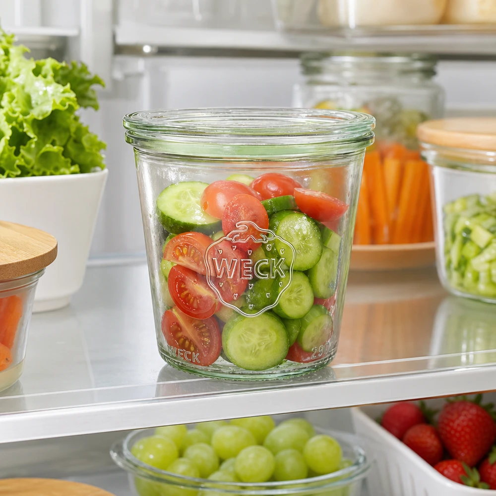 290 ml høje Briller med glaslåg WECK RR80 WECK tumblers 290 ml RR80 i køleskabet fyldt med frisk agurke- og tomatsalat som en praktisk måltidsforberedende løsning