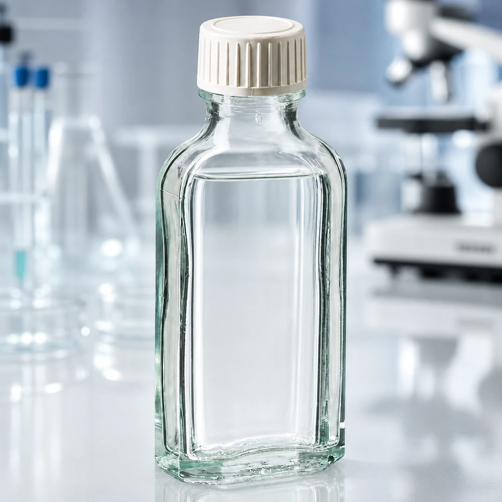 Flad Meplat-glasflaske på 50 ml med ribbet hvid skruelåg på en hvid laboratorieoverflade