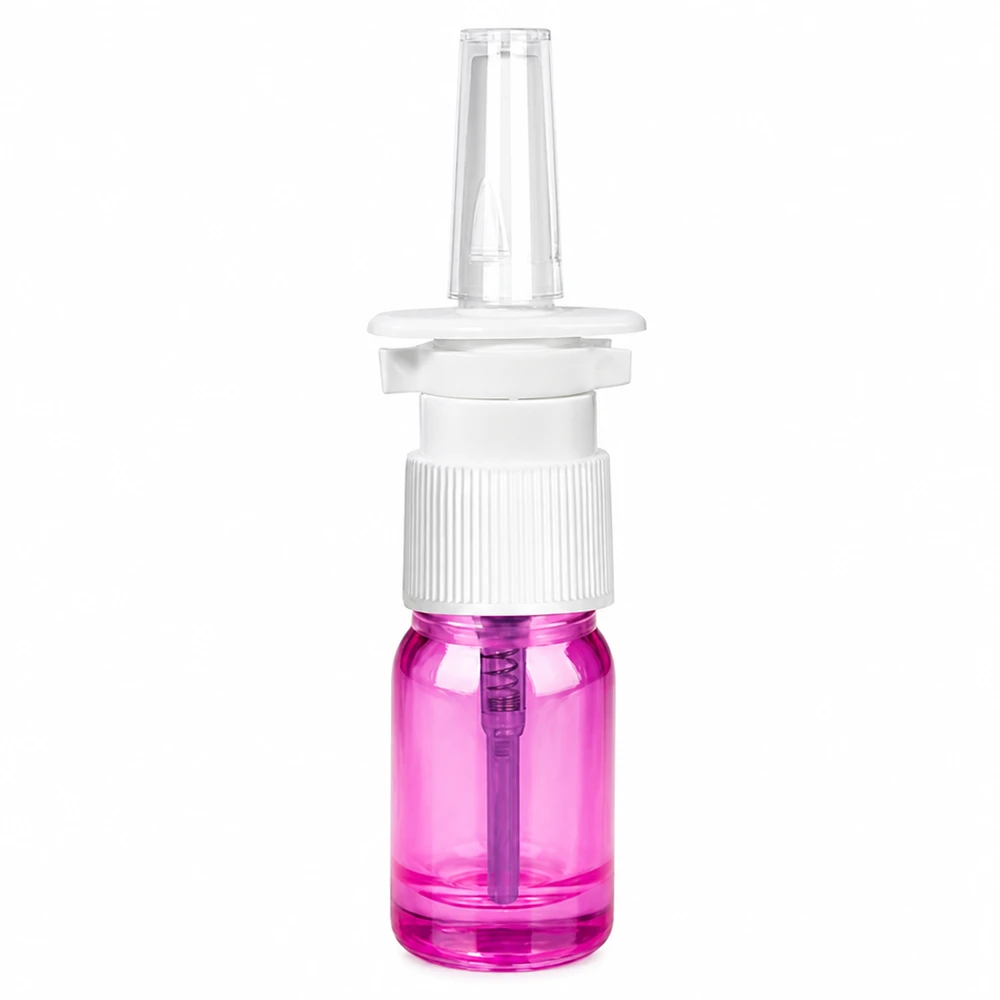 5 ml næsesprayflaske hvid/transparent standard PurpleLine UT18/5 5 ml næsesprayflaske lavet af gennemsigtig plast med lilla flaskekrop og hvidt sprayhoved