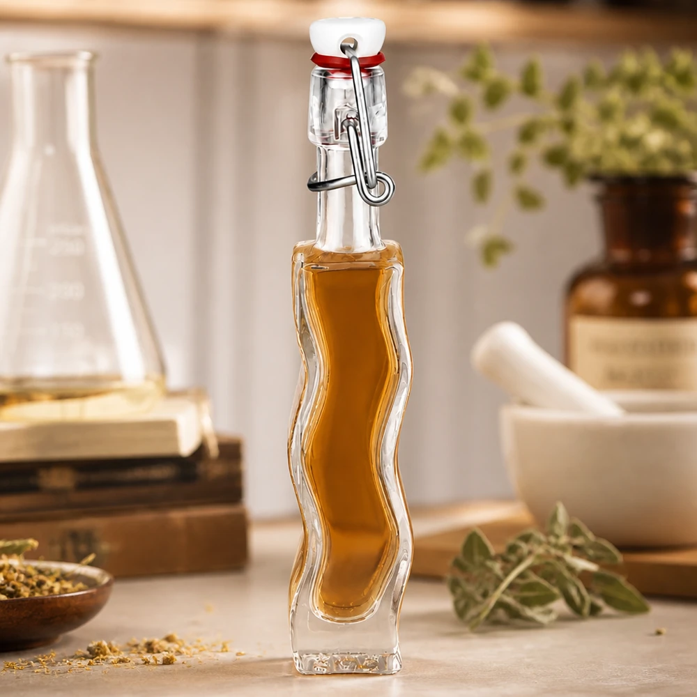 40 ml Glasflaske »Fila« med PVC-skruelåg UNiTWIST® 40 ml glasflaske Anna fyldt med honningfarvet væske i et rustikt køkken med krydderurter og glasvarer