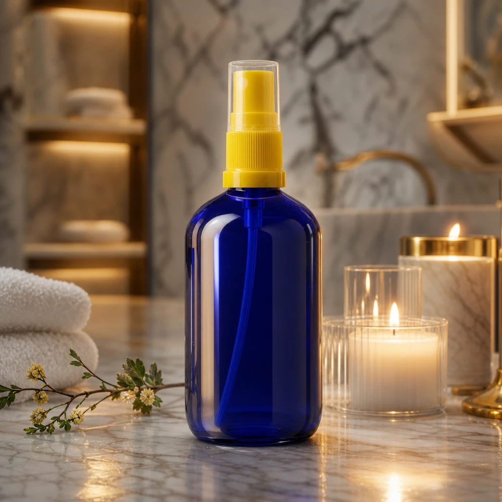 Blå 100 ml STD-glasflaske med gul sprøjtehoved ved siden af stearinlys i et elegant badeværelse