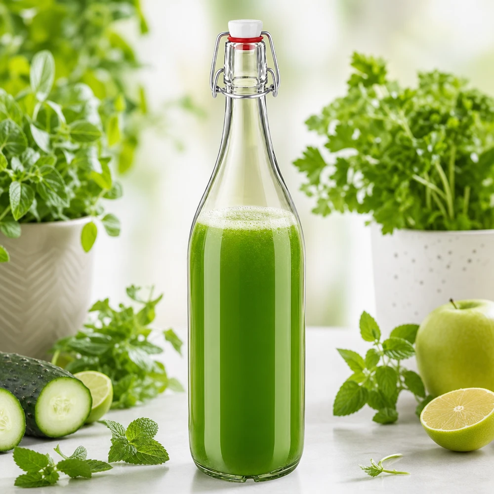 1000 ml glasflaske og hængelåg i PVC UNiTWIST 1000 ml glasflaske med PVC-svingtop fyldt med grøn smoothie omgivet af friske krydderurter og grøntsager