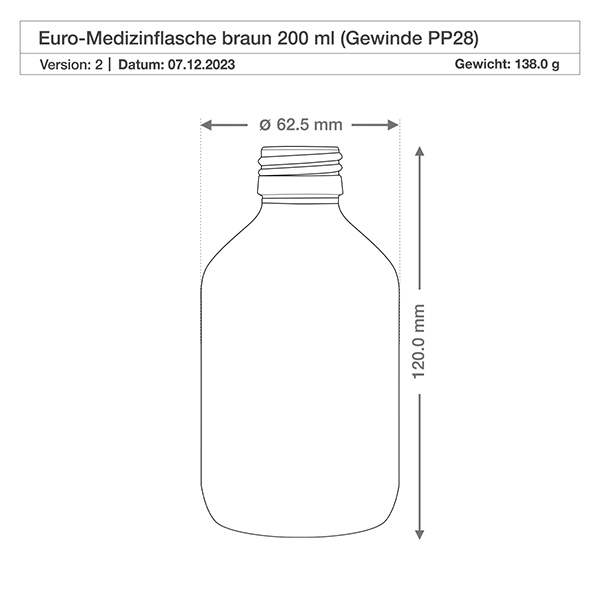 200 ml medicinflaske, brun, med ApoGlas-hætte i guldaluminium. Farmaceutisk kvalitet fra EU-produktion. 28 mm (PP28) gevind. (sirup, lys glasflaske) 200 ml medicinflaske, brun, med ApoGlas-hætte i guldaluminium. Farmaceutisk kvalitet fra EU-produktion. 28 mm (PP28) gevind. (sirup, lys glasflaske)