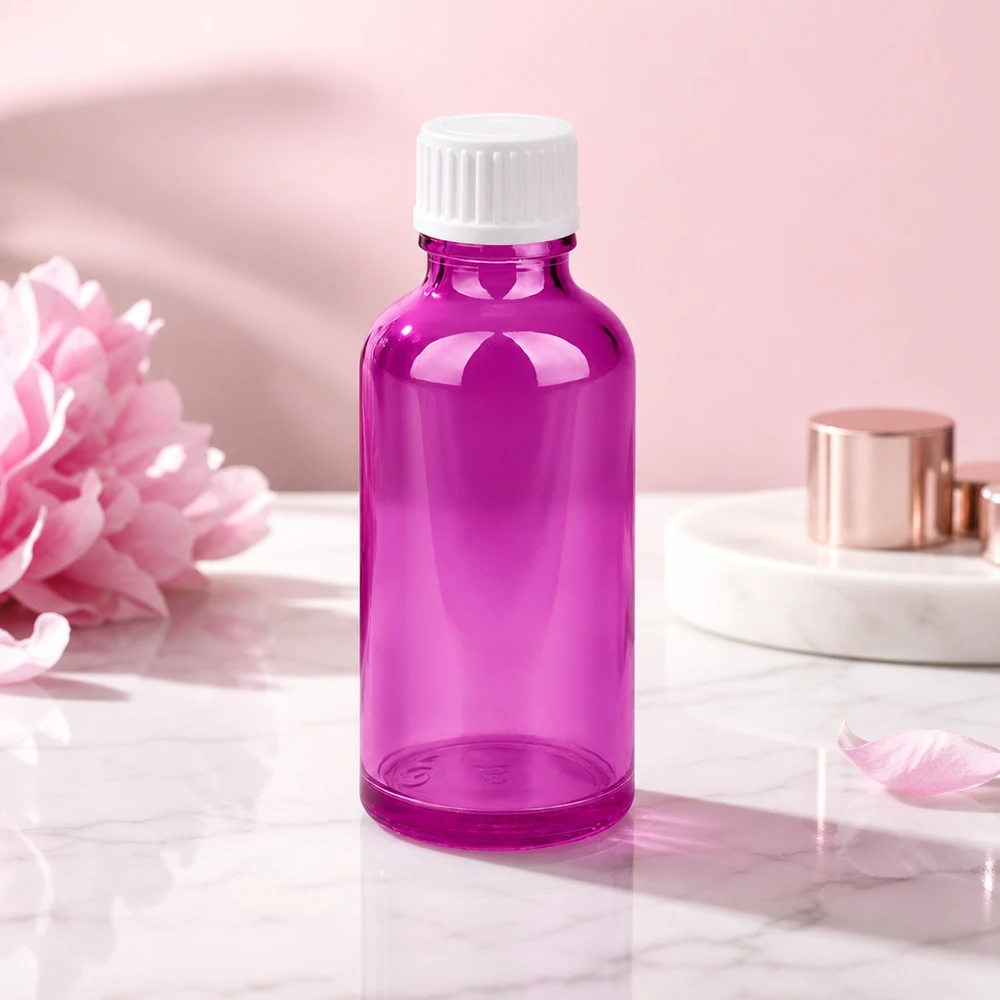 50 ml (globule) flaske 3 mm hældering hvid Standard PurpleLine. UT18/50 50 ml glasflaske i høj kvalitet med 18 mm gevind i gennemsigtig lilla til kosmetiske formål