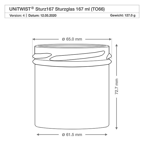 UNiTWIST Sturz167 - Briller med indhold 167 ml TO66 UNiTWIST Sturz167 Sturzglas 167ml TO66 teknisk tegning med dimensioner diameter 65mm højde 72,7mm vægt 127g