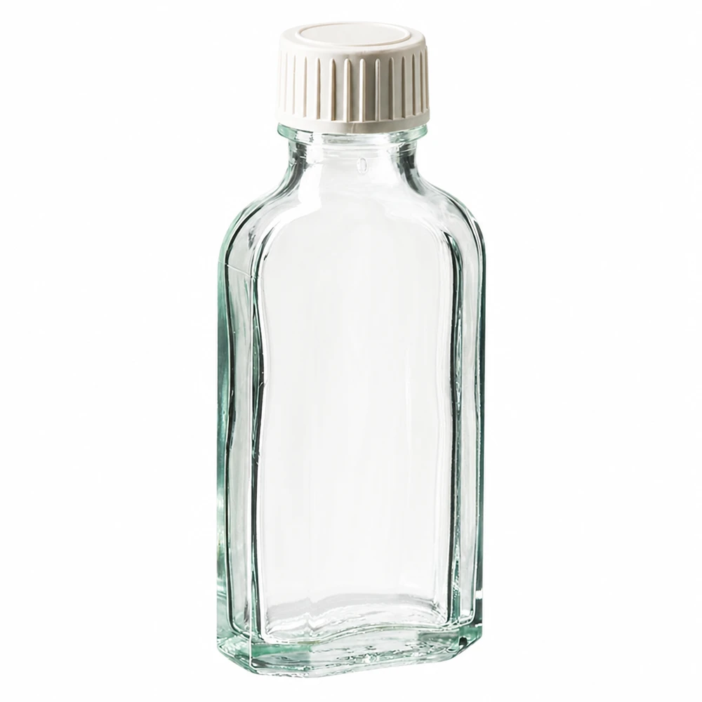 50 ml Meplat klart skruelåg med PE-skumindsats 50 ml Meplat-glasflaske, klar, med hvid skruelåg og PE-skumindlæg