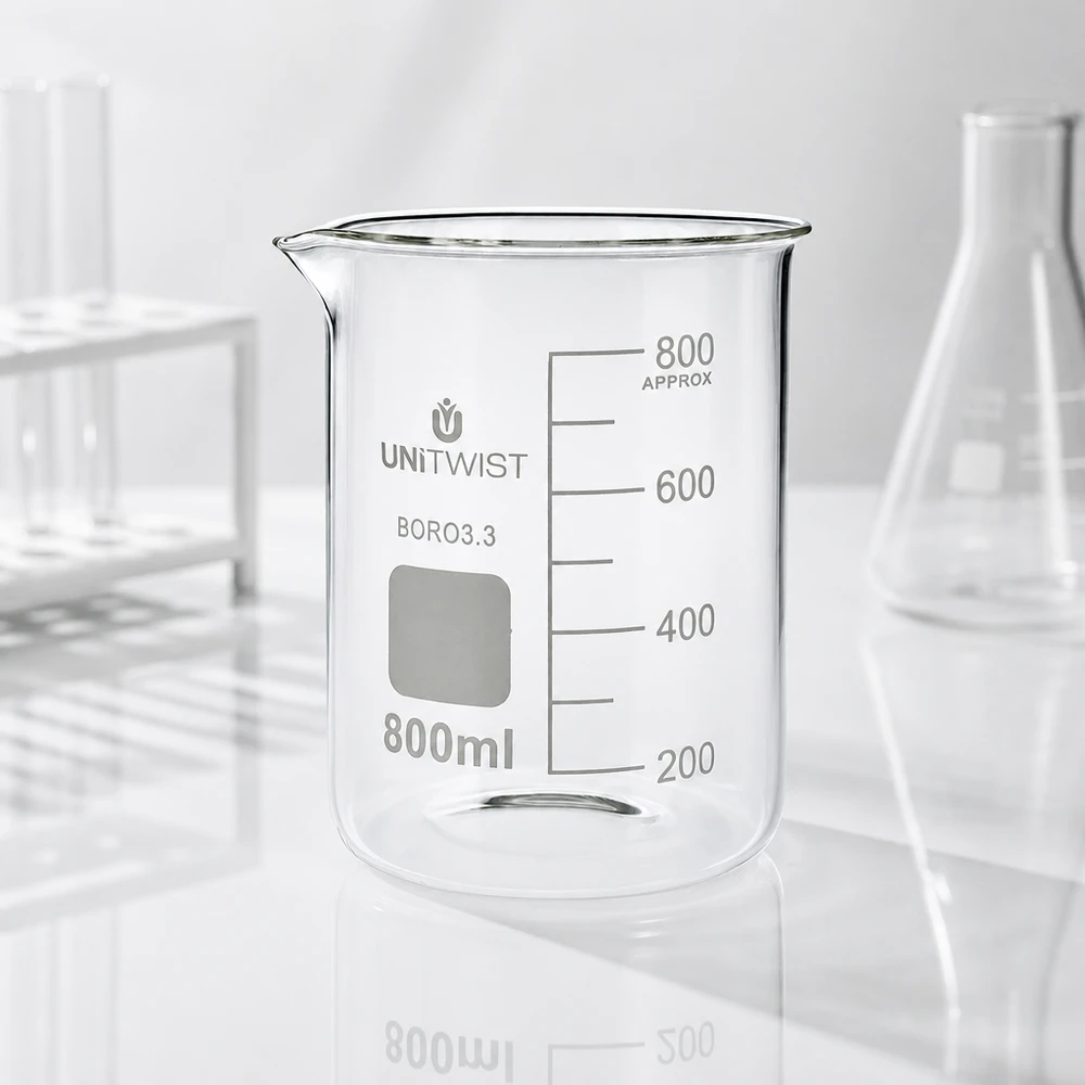 Bægerglas 800 ml borosilikat, lav form UNiTWIST Tomt UNiTWIST-bæger, 800 ml, borosilikatglas 3.3, lav form med ml-skala på hvid baggrund