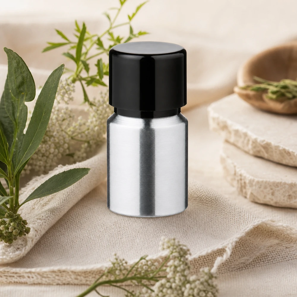 10 ml flaske i poleret aluminium med skruelåg 10 ml aluminiumsflaske med satinfinish og sort skruelåg til mobile anvendelser