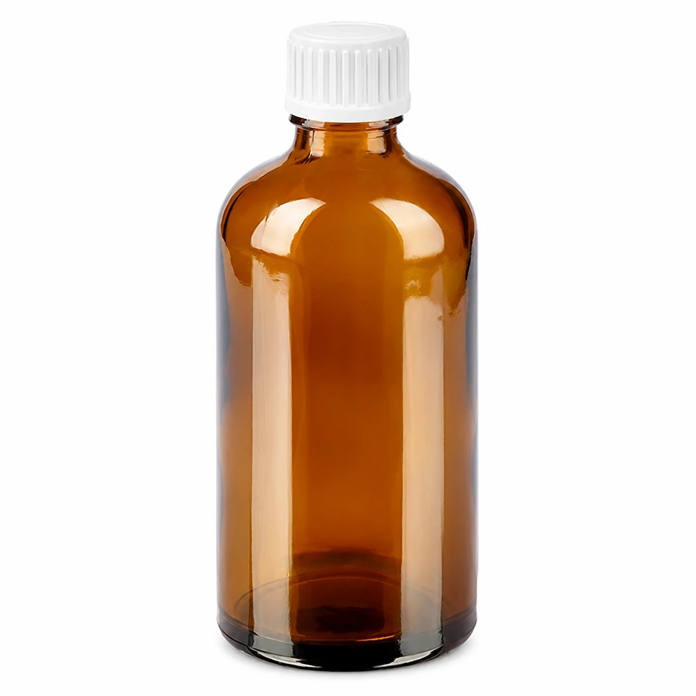 100 ml dråbeflaske 0,9 mm hvid STD BrownLine UT18/100 100 ml dråbeflaske af ravfarvet glas med hvid hætte til præcis dosering