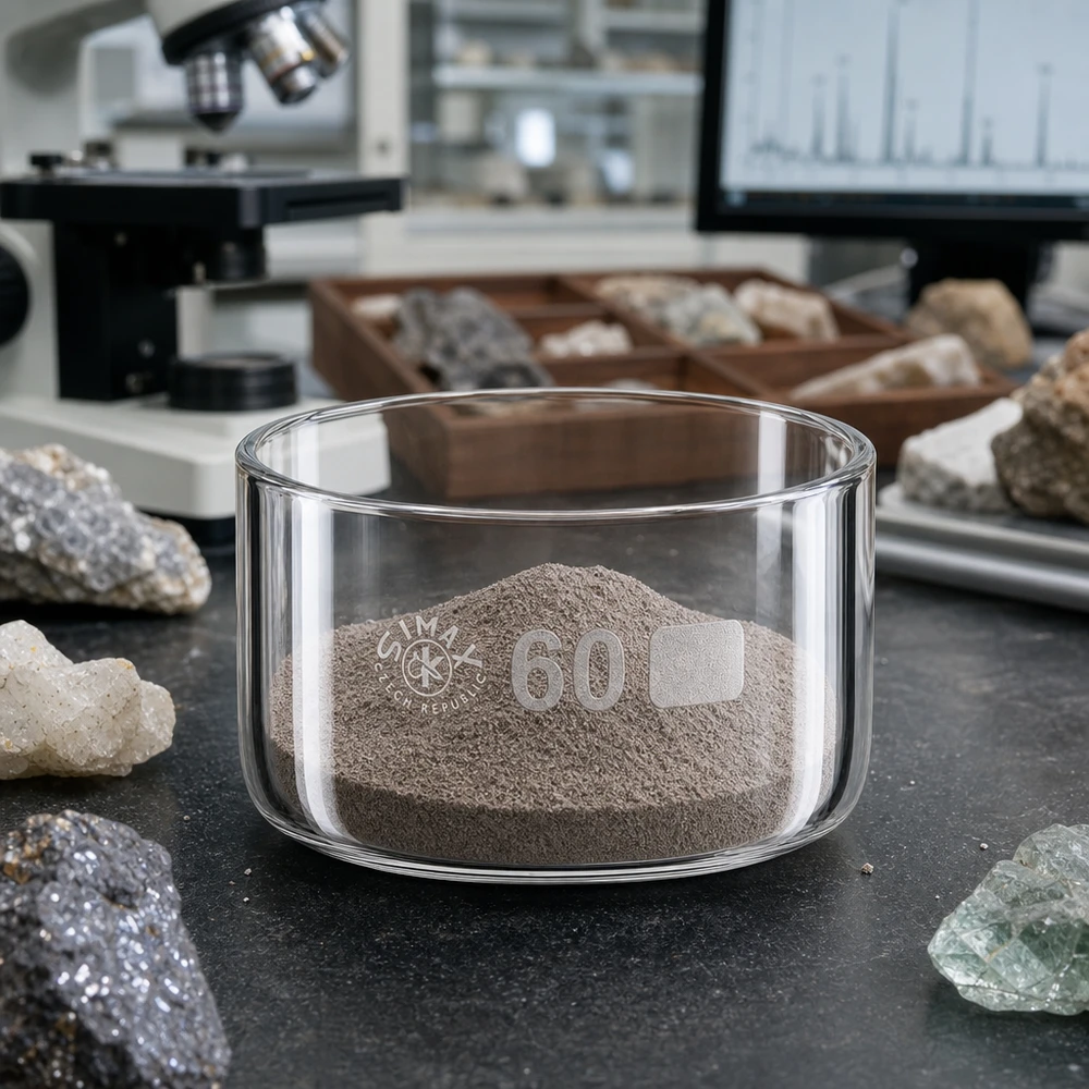 Krystalliseringsskål på 60 ml med fint mineralpulver på en mørk laboratorieoverflade, omgivet af stenprøver
