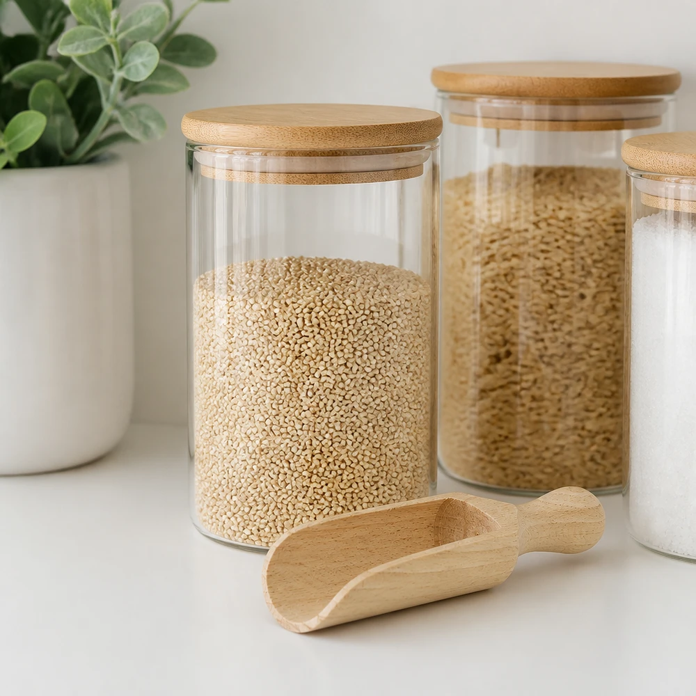 Træspade størrelse M, halvcirkelformet, 14 cm lang Holzschaufel M 14cm mit Vorratsgläsern und Quinoa in moderner Küche - praktisches Küchenhelfer-Styling