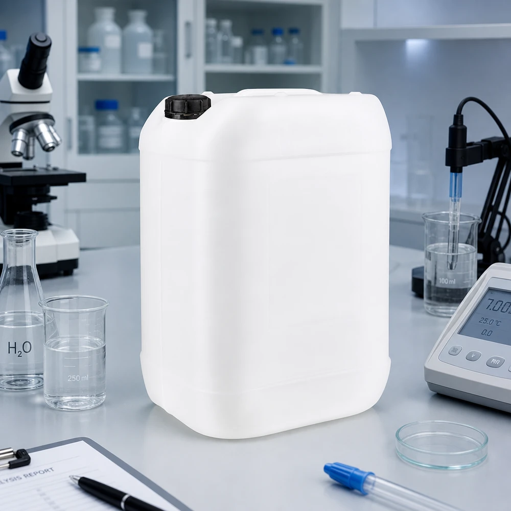 Beholder 25 liter med skruelåg OV Rektangulær 25-liters dunk med sort skruelåg i et professionelt laboratoriemiljø