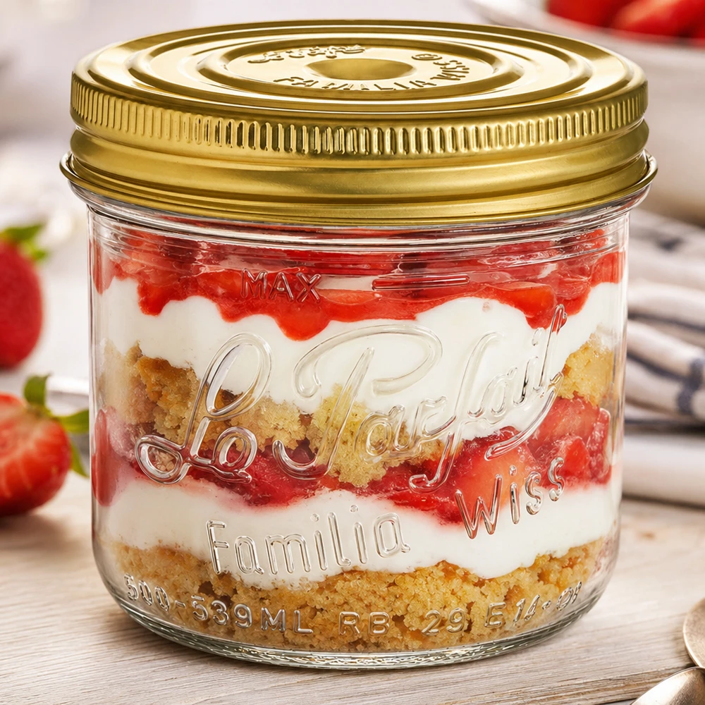 Le Parfait® Familia Wiss 500 g Ø100 mm glas Familia Wiss 539 ml glas med guldskruelåg og dessertlag af jordbær og kiksebund