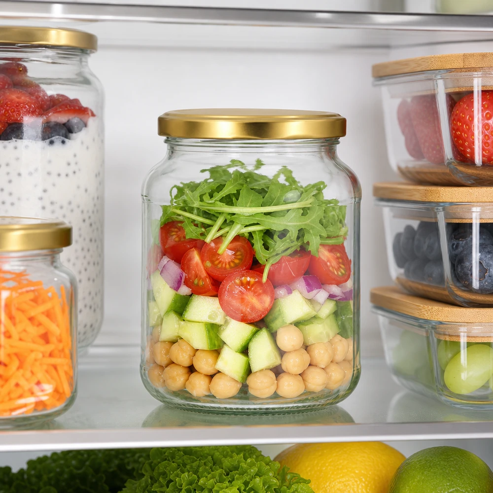 370 ml oval krukke med BasicSeal-låg guld UNiTWIST 370 ml oval krukke BasicSeal-låg guld i køleskabet med lagdelt salat - UNiTWIST-opbevaringskrukke til måltidsforberedelse