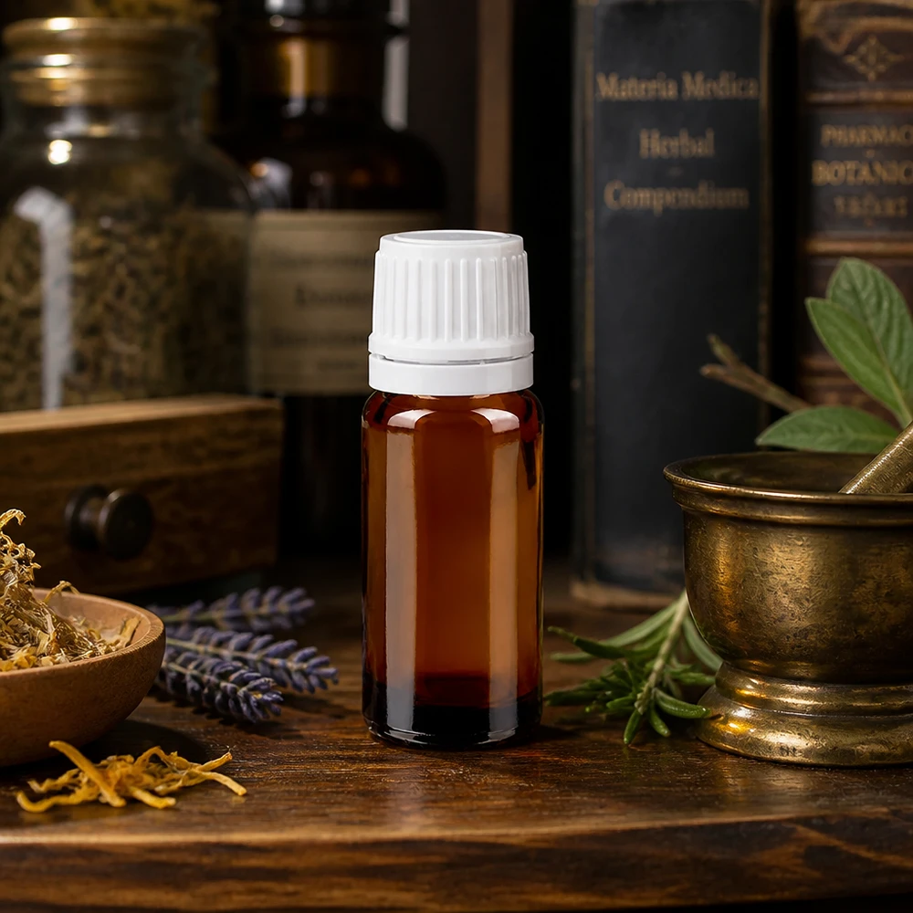 Miniatureflaske af brunt glas, 10 ml, med hvid OV-prop, med motiv af botaniske urter og en morter
