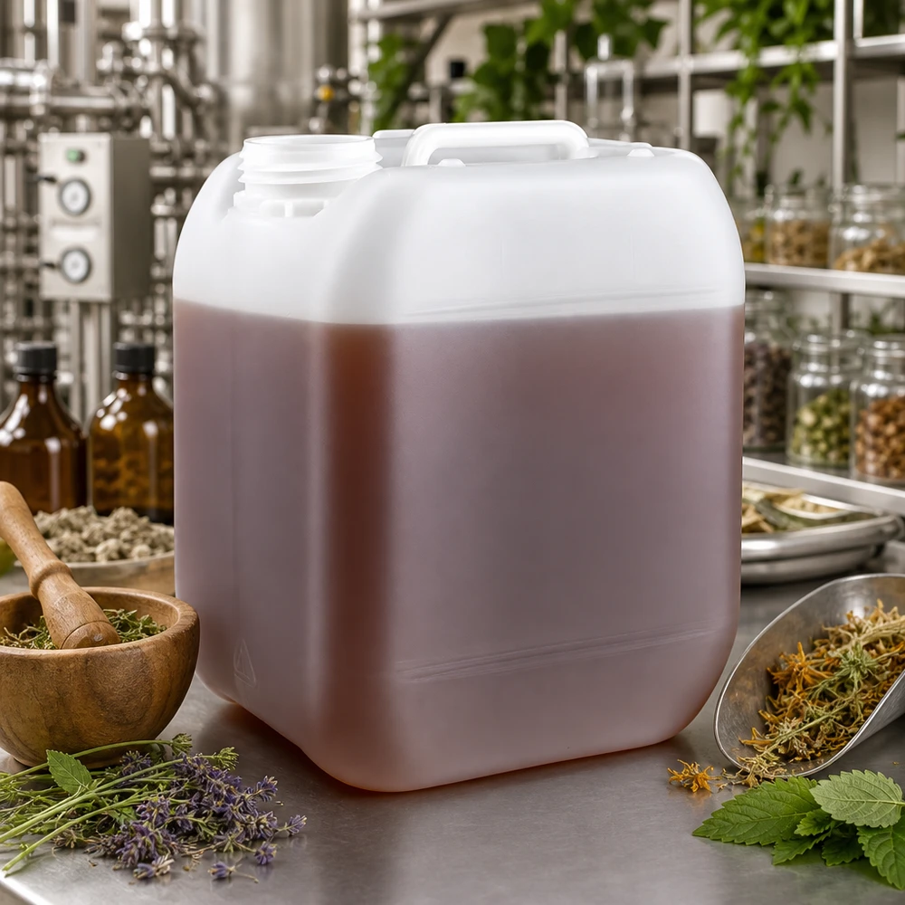 5-liters dunk uden låg med brun urtevæske til fremstilling af naturkosmetik