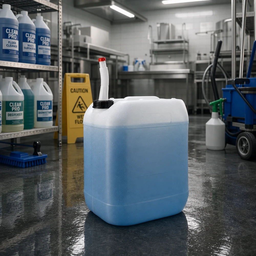 20 liters beholder med Flex-udløbsrør Blå 20-liters dunk med fleksibelt udløbsrør i et professionelt rengøringskøkken