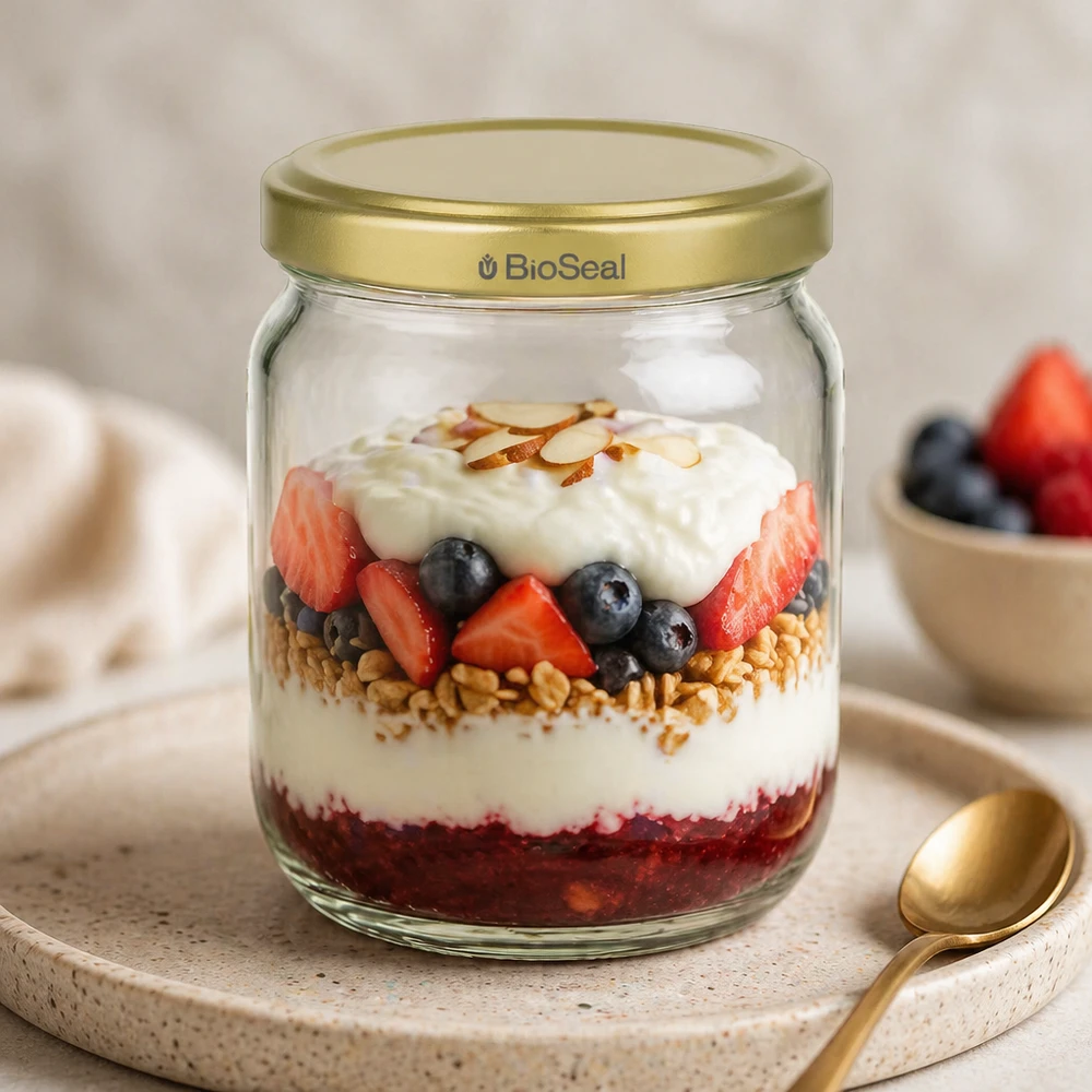 500 g honningglas med gyldent låg BioSeal UNiTWIST 500 g BioSeal honningkrukke som morgenmadsbeholder med yoghurt, bær, müsli, lagdelt dessert og gylden ske