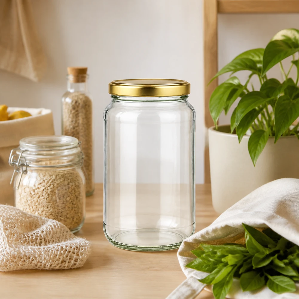 1700 ml rund krukke med BasicSeal-låg i guld UNiTWIST 1700ml Rundglas BasicSeal gold in nachhaltiger Zero-Waste Küche mit Vorratsgläsern und frischen Kräutern