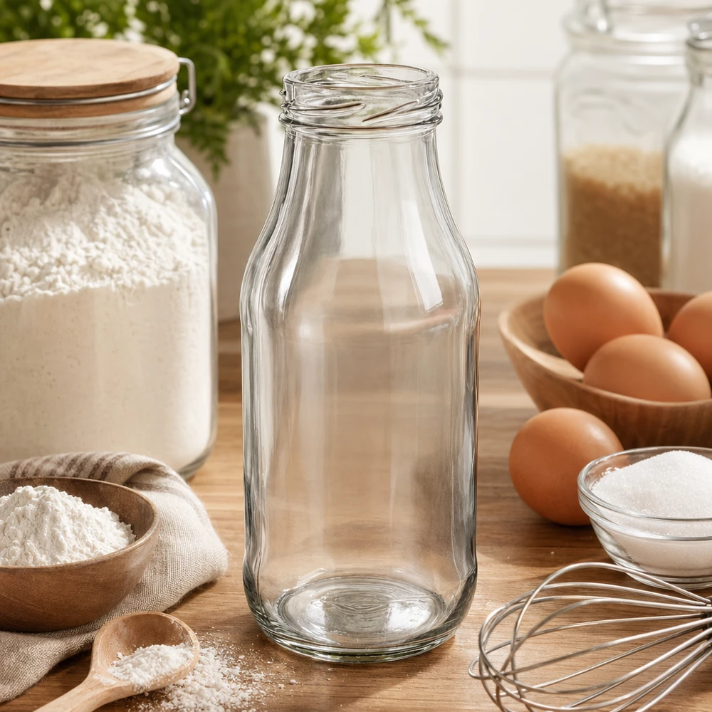 UNiTWIST Bottle263 - Flaske med kapacitet på 263 ml TO43 Tom UNiTWIST-glasflaske 263 ml TO43 på træbord med bageingredienser, mel, æg og køkkenredskaber