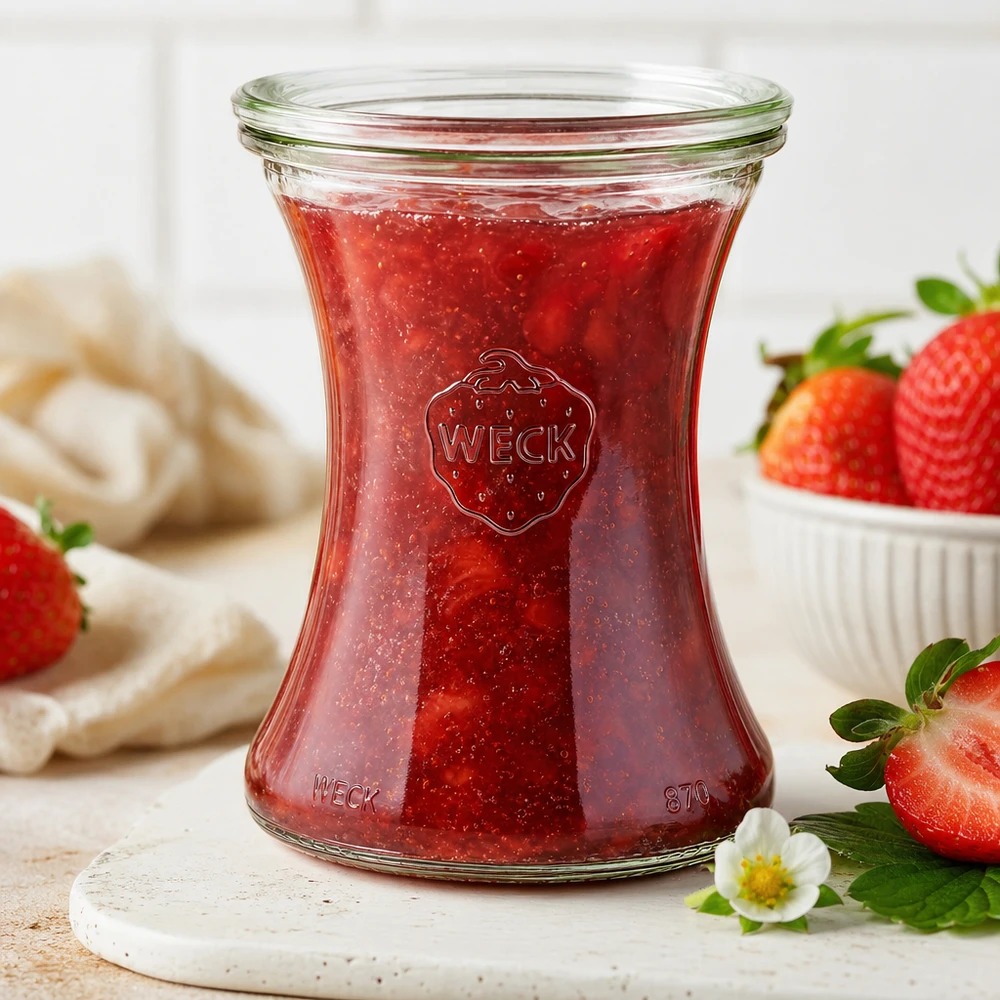 370 ml delikatesseglas med glaslåg WECK RR80 WECK delikatesseglas 370 ml RR80 med hjemmelavet jordbærmarmelade på et marmorbræt omgivet af friske jordbær