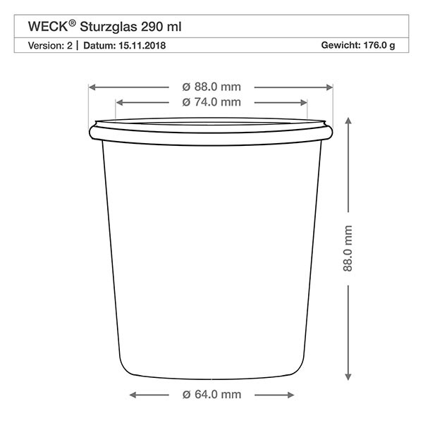 290 ml høje Briller WECK RR80 med kork natur WECK drikkeglas 290ml RR80 teknisk tegning med dimensioner Diameter 88mm Højde 88mm Vægt 176g Specifikation